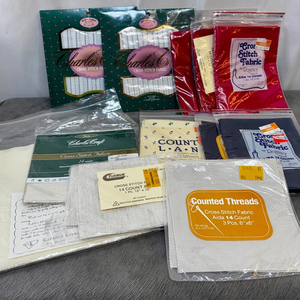 Assorted 14 Count Aida Cloth 8 Packs + 1 Bread Cover + 2 Waste Canvas New